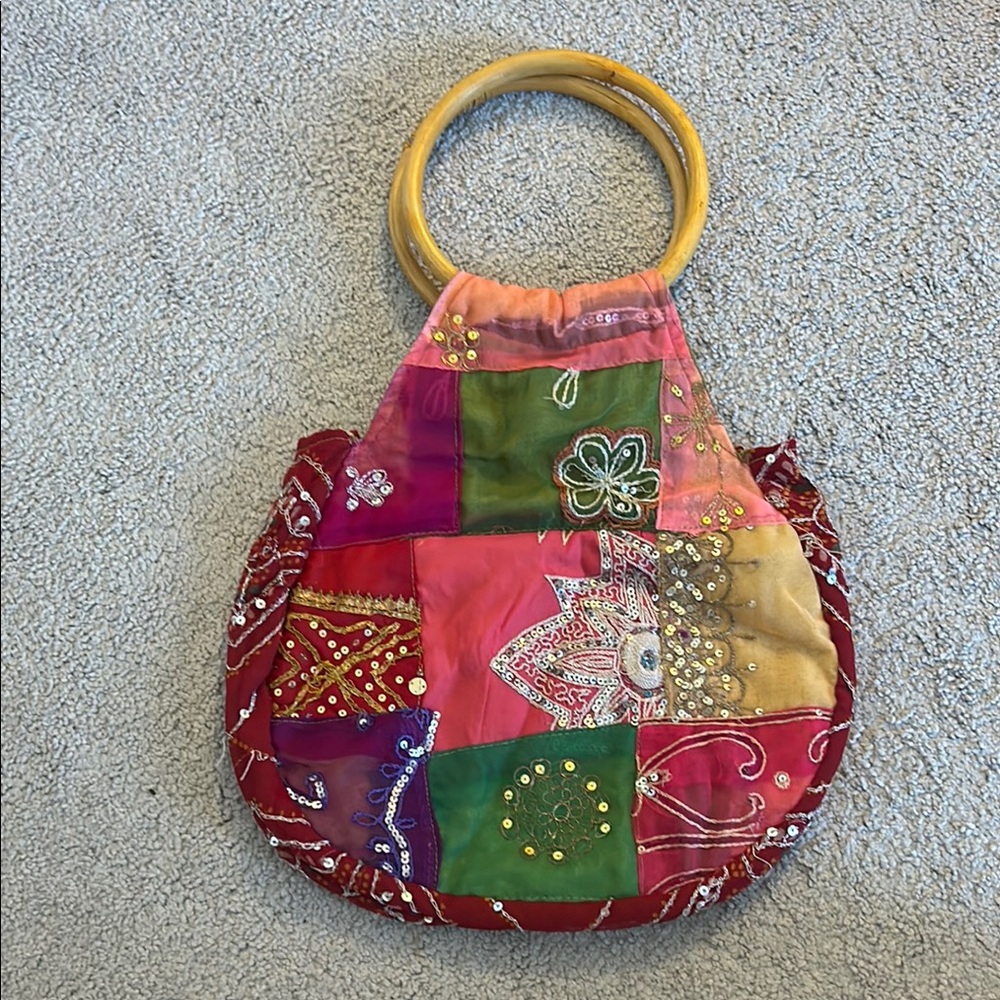 Patchwork Handbag With Wooden Handles - image 1